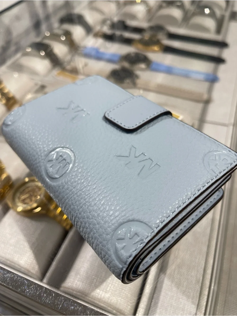 Michael Kors Jet Set Travel Med MK Logo Debossed Bifold Wallet Pale Ocean  NWT